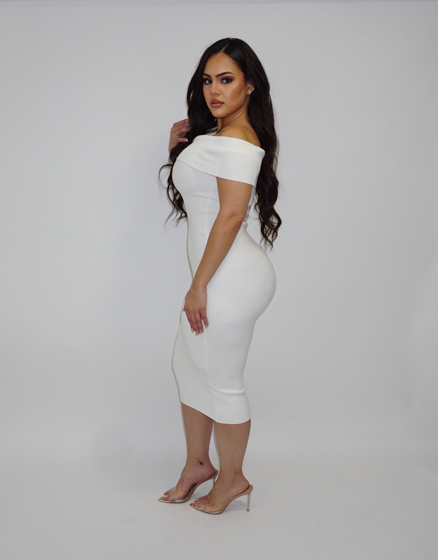 Ivory Off The Shoulder Knit Midi